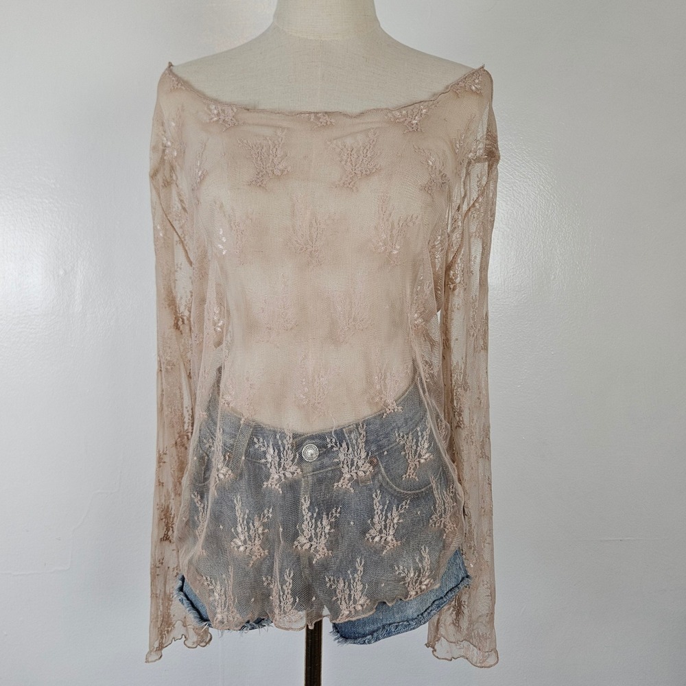 NWOT Mesh Floral Top Sz XXL Beige Boatneck Lettuce Edge Sheer NEW